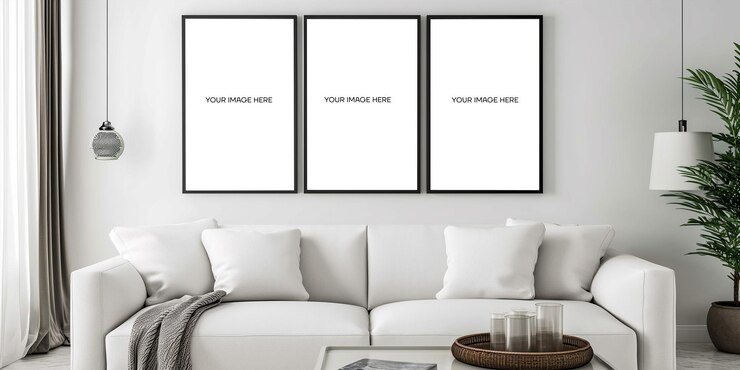 Triple Frame Wall Art Mockup in een heldere woonkamer