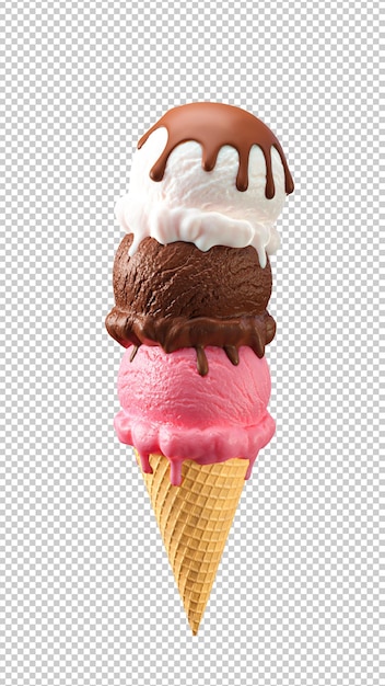 Triple scoop ice cream in wafer cone 3D illustration