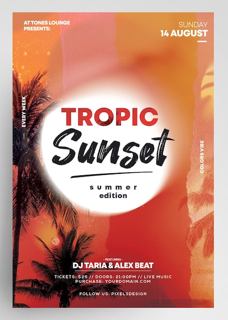 PSD tropic sunset flyer summer party event template