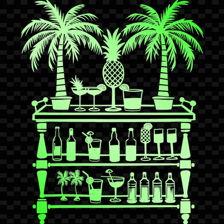 PSD tropical bar cart folk art with palm tree design and pineapp illustration decor motifs collection