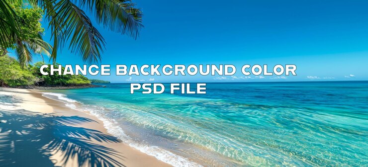 PSD 熱帯のビーチパラダイスで 茂った緑と澄んだ青い水