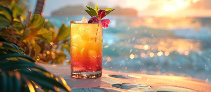 PSD 背景に美しい夕暮れが映っている海を見下ろすテーブルの上に花の飾り付きの熱帯カクテル