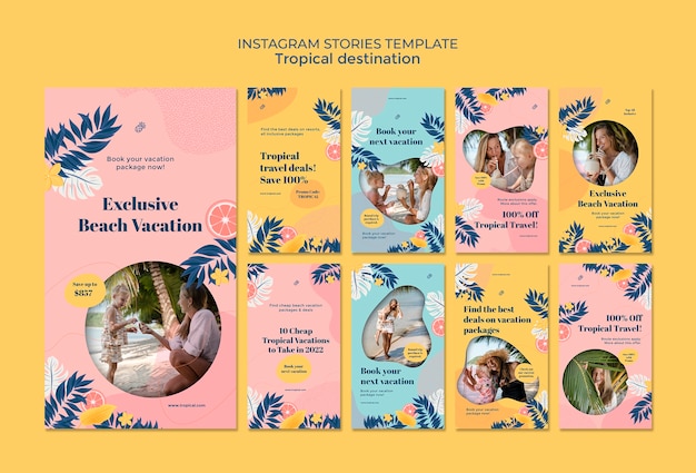 PSD design del modello di storie di instagram di destinazione tropicale