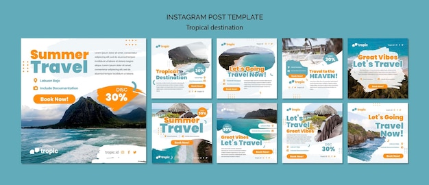 PSD collezione di post di instagram di viaggio di destinazione tropicale