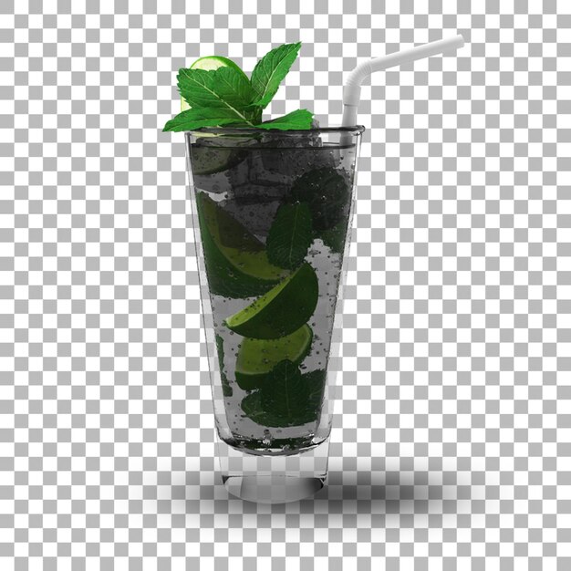 Tropical drink lime mojito with white straw and ice rocks