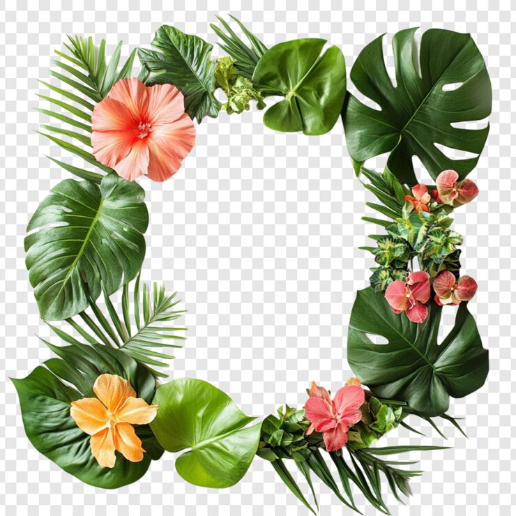 PSD tropical floral frame with hibiscus flowers monstera leaves and palm leaves perfect for summer designs or invitations