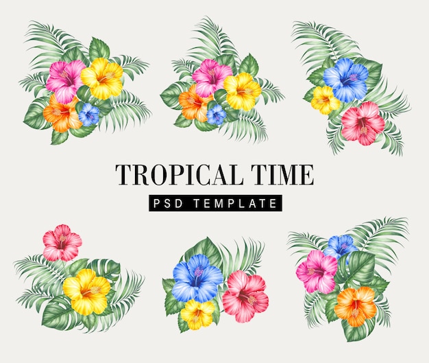 PSD tropical flowers on botanical card