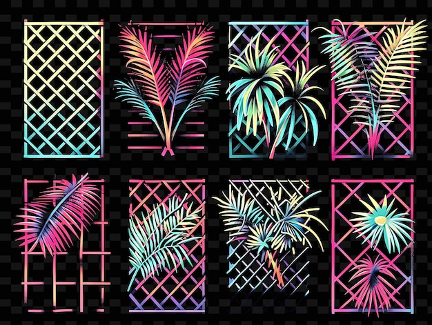 Тропические вдохновленные решетки пиксельное искусство с пальмовыми листьями с использованием творческой текстуры y2k неоновые предметы