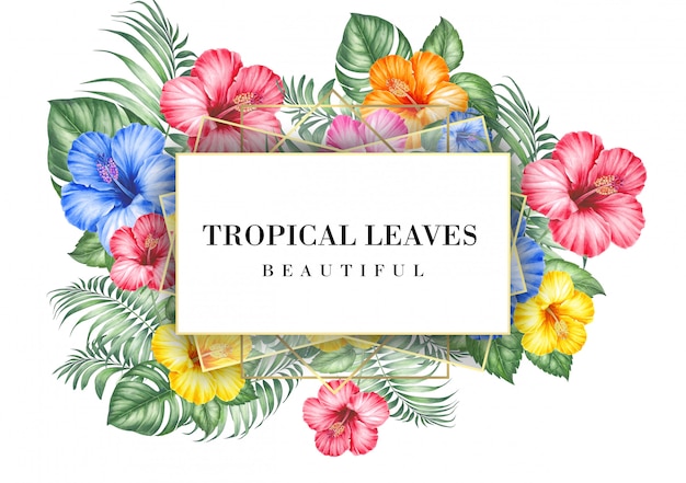 PSD Тропическая пригласительная открытка с цветами гибискуса