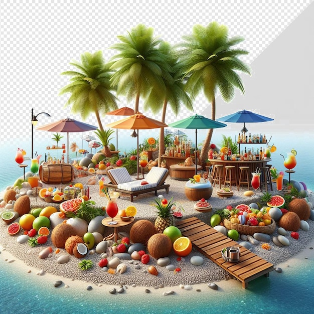 PSD un'isola tropicale con palme e una scena sulla spiaggia
