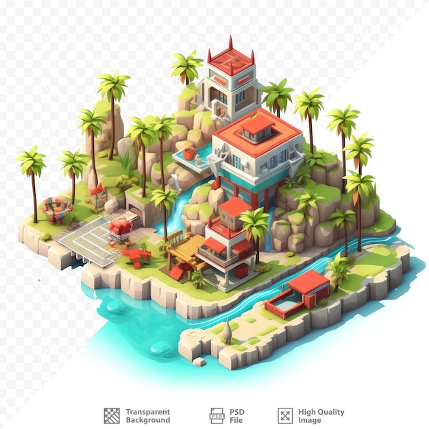 PSD a tropical island with palm trees and a house on the island.