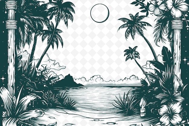 Tropical landscape with palm trees and a sun in the background