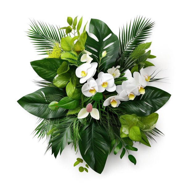 PSD tropical leaves and flower garland bouquet arrangement mixes orchids flower with tropical foliage fern