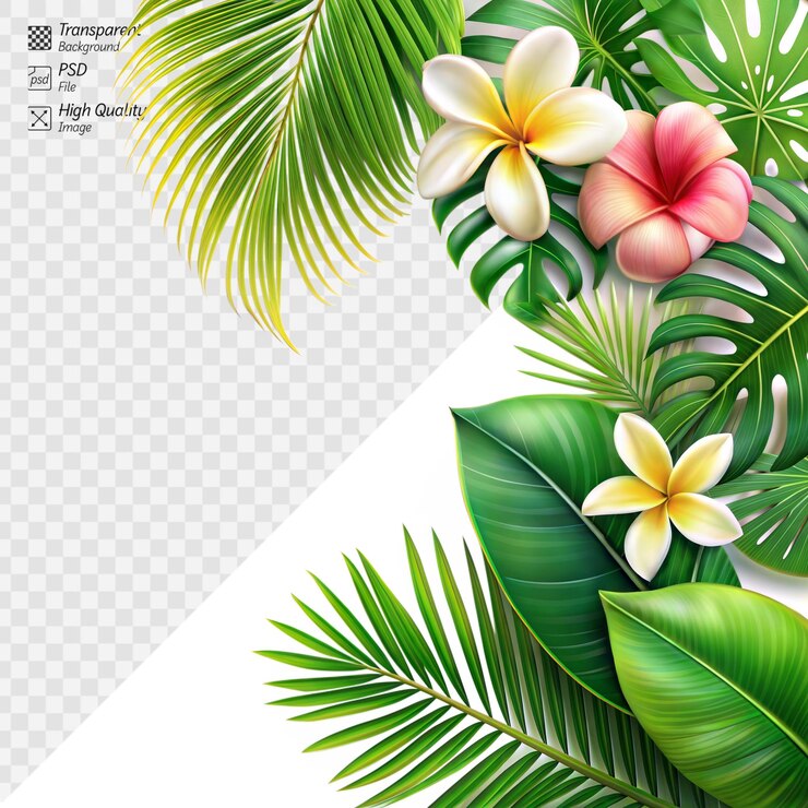 PSD tropical leaves and flowers arrangement on a clear backdrop