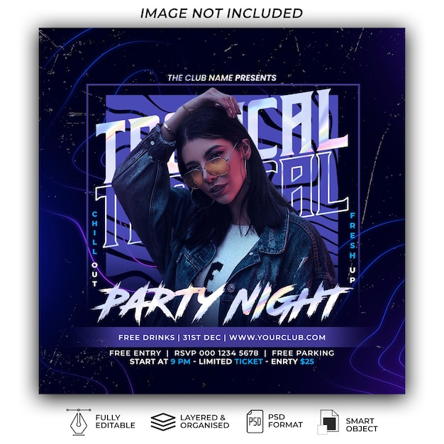 PSD tropical night social media post party flyer template