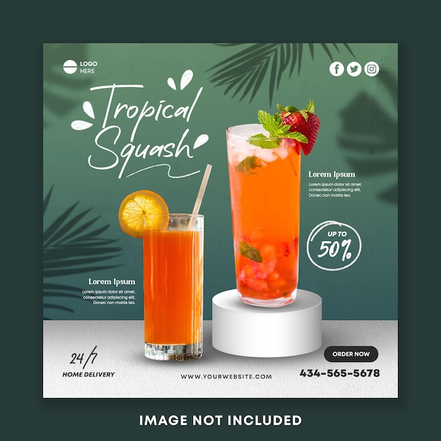 PSD modello di banner quadrato post sui social media del menu della bevanda della zucca arancione tropicale