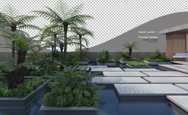コンクリート舗装の熱帯植物と樹木庭園