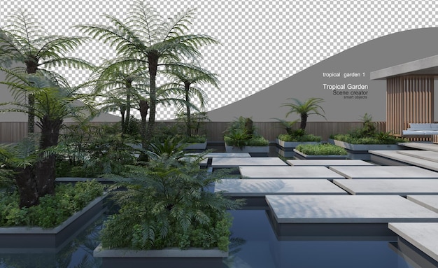 PSD tropical plant and tree gardens with concrete pavements