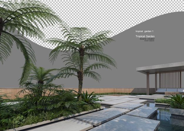 Tropical plant and tree gardens with concrete pavements