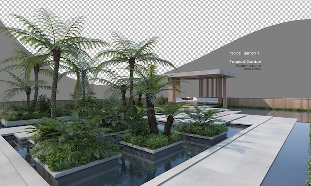 PSD tropical plant and tree gardens with concrete pavements