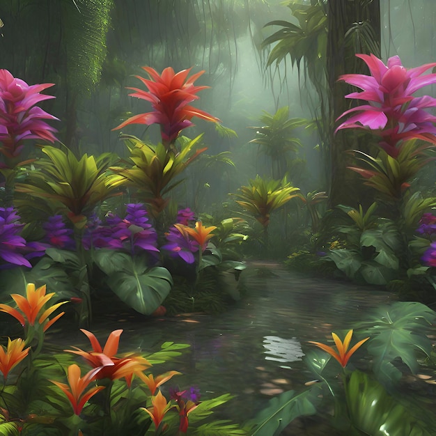 PSD tropical rainforests with colorful flowers in the morning in impressionist style aigenerated