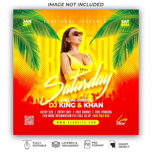 PSD tropical saturday social media post party flyer template