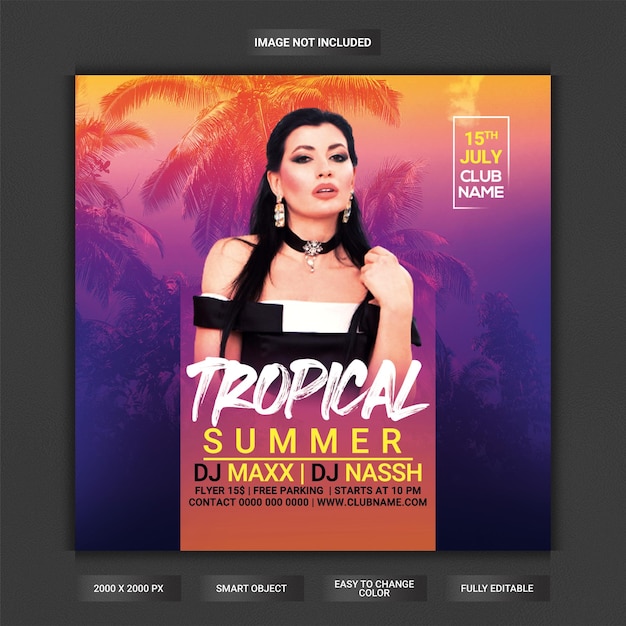 Festa del club estivo tropicale o banner post instragram