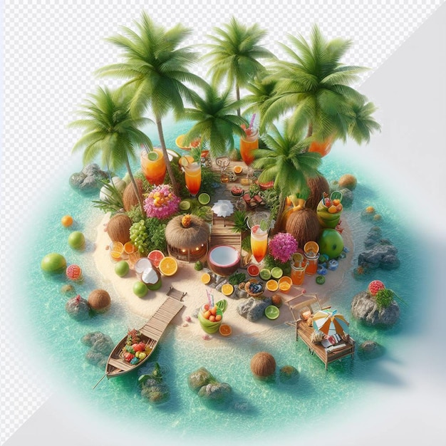 PSD tropikalna wyspa z palmami i łodzią na wodzie
