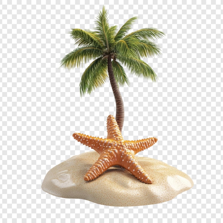 PSD tropisch eilandparadijs met een palmboom en zeesterren op een zandstrand perfect voor zomervakantie reizen en toerisme