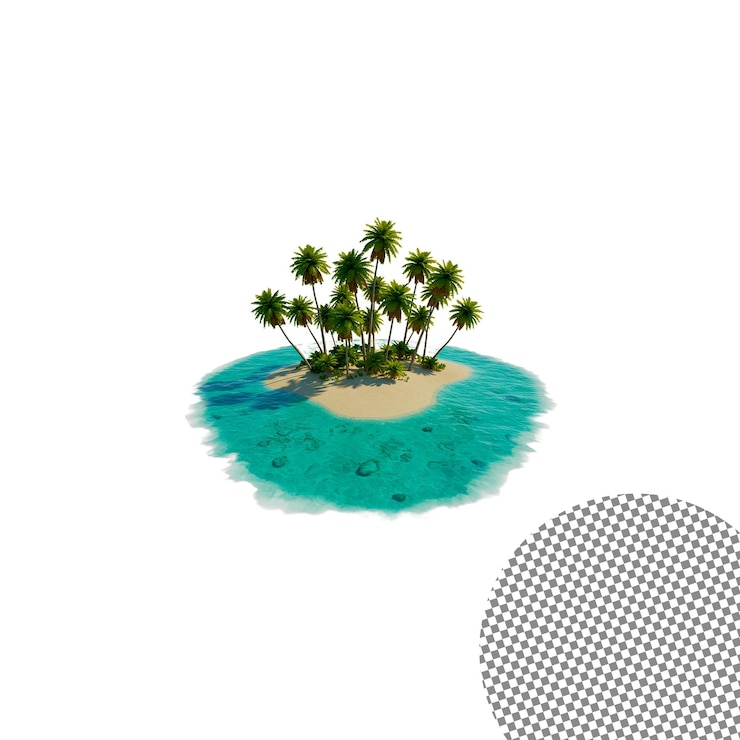 PSD tropisch eilandparadijs met palmbomen en turquoise wateren