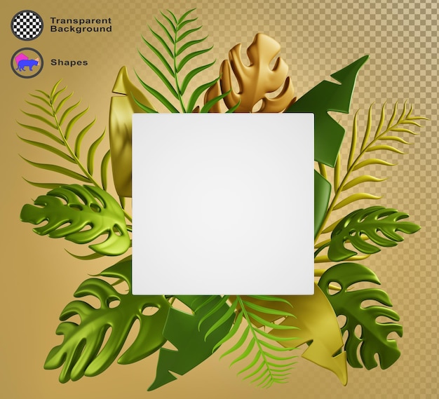 Tropisch frame met groene palmbladeren 3d rendering Zomerbanner sjabloon met rand van tropische plant takken Witte vierkante kaart met luxe decoratie van goud bladeren bloemenontwerp
