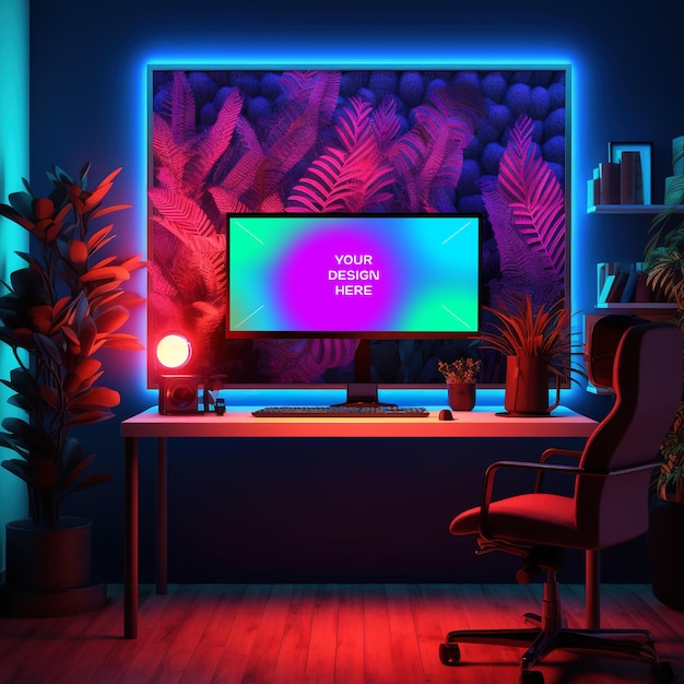 Tropisch neon office mockup-scherm