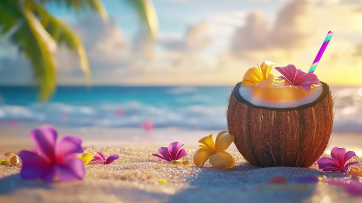 PSD tropische cocktail in kokosnoot op het strand bij zonsondergang
