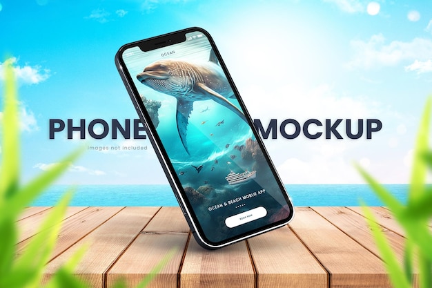 PSD tropische iphone 14 mockup op een rustieke houten tafel met blauwe lucht en de oceaan op de achtergrond