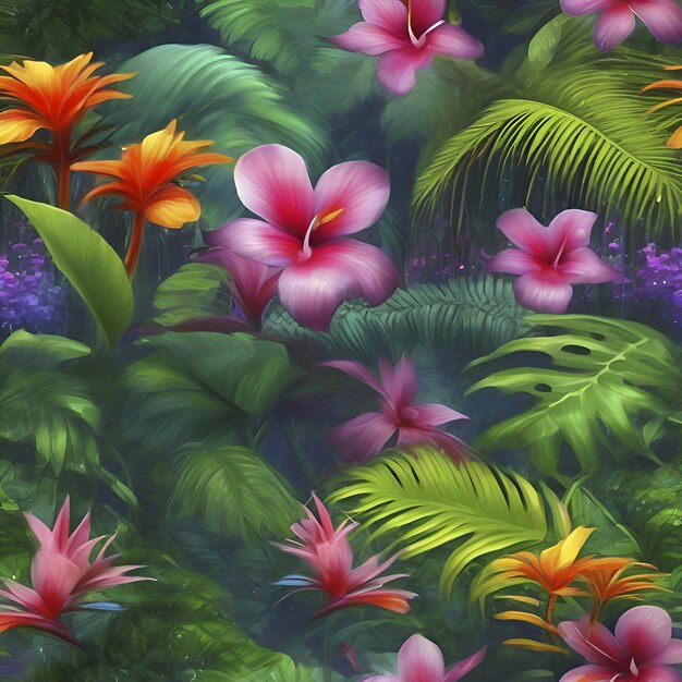 PSD tropische regenwouden met kleurrijke bloemen in de ochtend in impressionistische stijl aigenerated