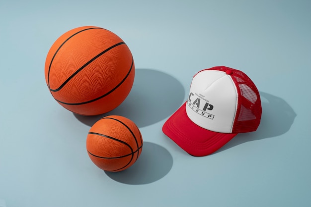 PSD trucker hat mock-up with basketball