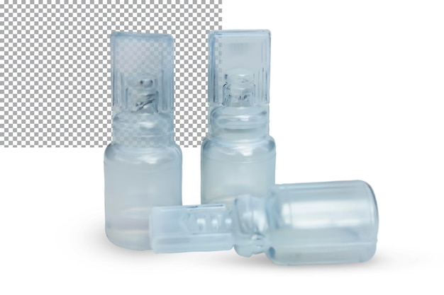 Trzy plastikowe ampułki z lekiem wyizolowanym na przezroczystym tle Koncepcja medycyny a