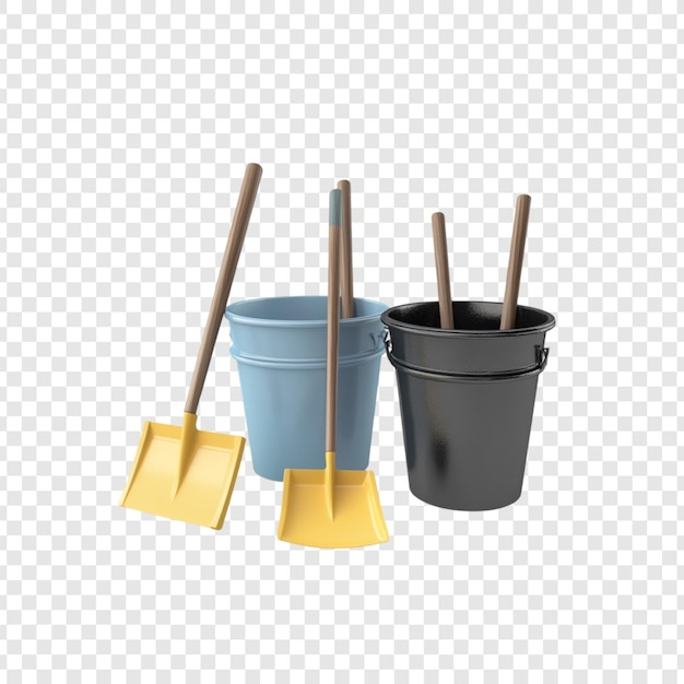 Trzy wiadra, dwie żółte łopatki, drewniane uchwyty, renderowanie 3D