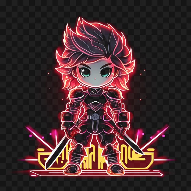 PSD tshirt design of brave chibi boy with a wild mane of hair warrior armor glowi sticker png no bg