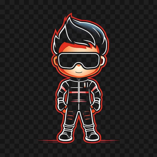 PSD tshirt design of dashing chibi boy with swept back hair and goggles racing ou sticker png no bg