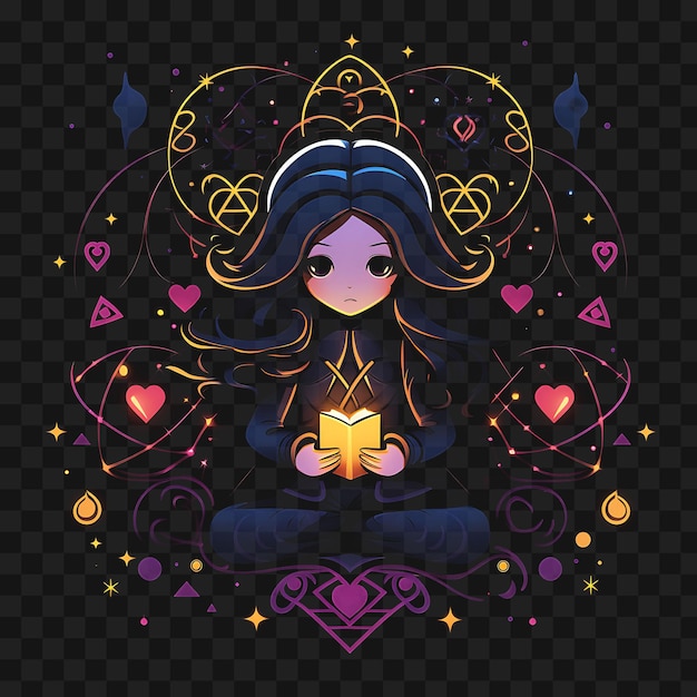 PSD tshirt design of enigmatic chibi girl with long flowing locks fortune teller sticker png no bg