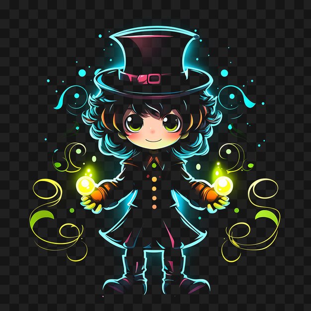 PSD tshirt design of whimsical chibi boy with a top hat and long curly hair jeste sticker png no bg