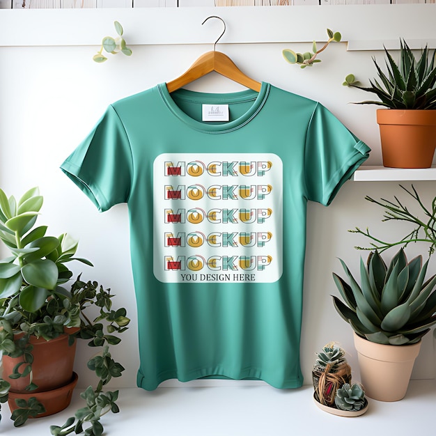 PSD 실내 식물이 있는 모형 디자인 벽 배경용 티셔츠