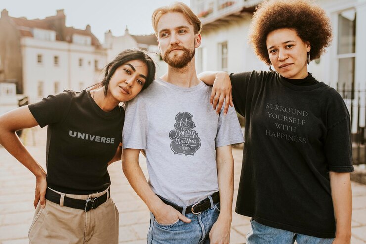 PSD tshirt mockup psd on three friends models