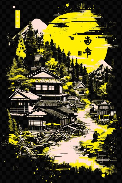 Tsumagos nakasendo trail met straatscène uit de edo-periode post t psd vector t-shirt tattoo ink scape art