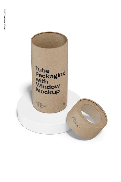 tube packaging with window mockup, on podium