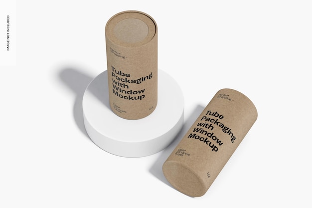 tube packaging with window mockup, standing and dropped