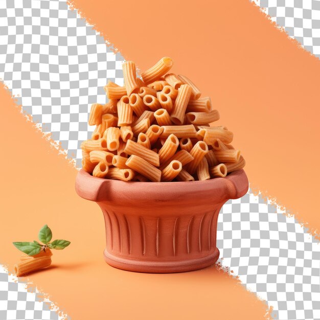 Tubes of pasta such as tortiglioni or elicoidali in clay pot isolated on transparent background