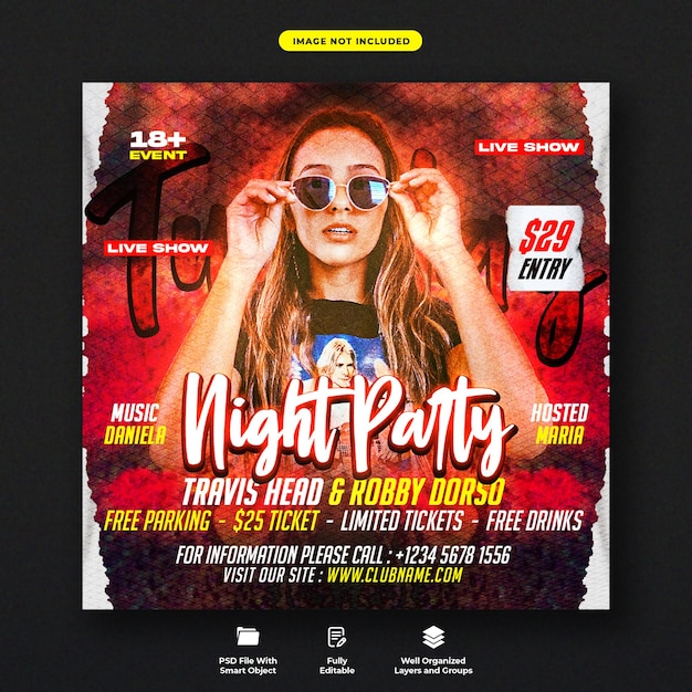 Tuesdays dj club night party square flyer and social media web banner template