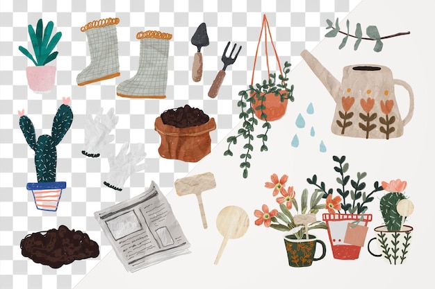 Tuinbouw hobby png sticker set doorzichtige achtergrond